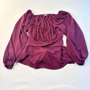 Arula Peplum Blouse Womens B 1x Plum  Long Sleeve Tie Back Gathered Bust‎